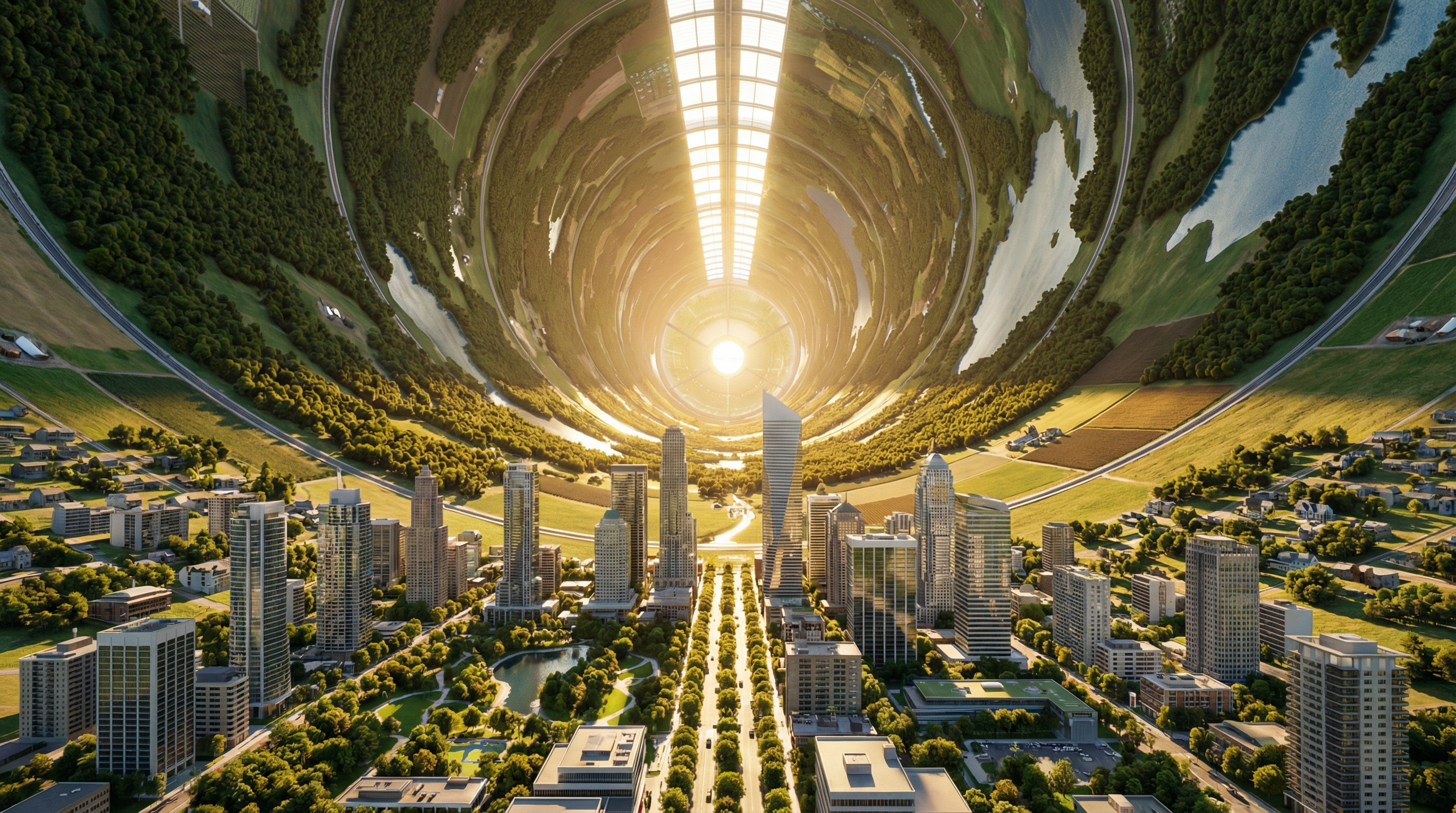 SpaceTube Interior - A city inside a rotating space cylinder